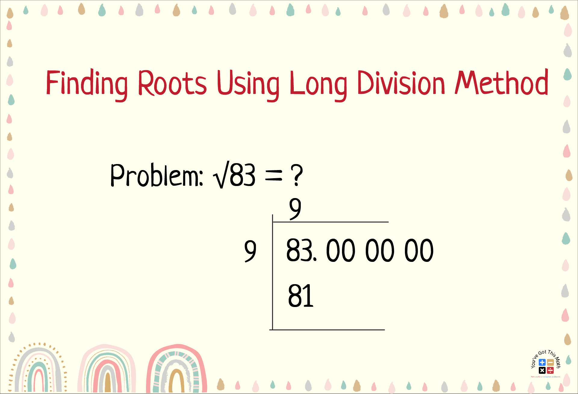 Finding roots using long division method in Square Root and Cube Root Worksheet