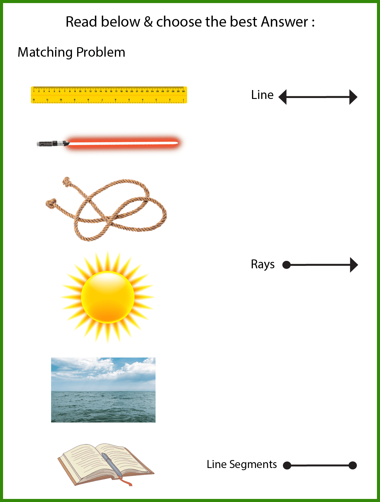 6- Matching the lines, rays, and line segments with real-life objects worksheet