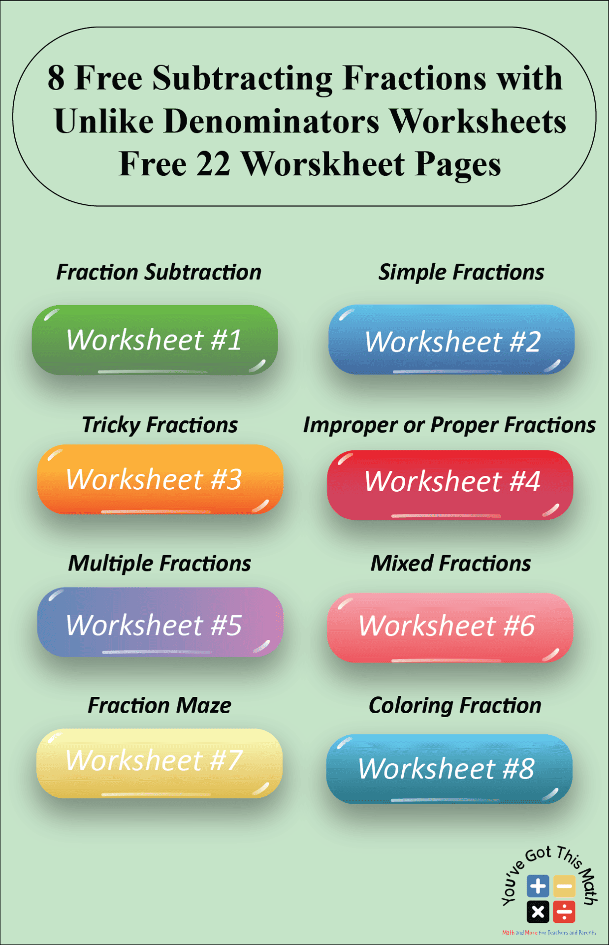 Subtracting Fractions with Unlike Denominators 8 Free Worksheets