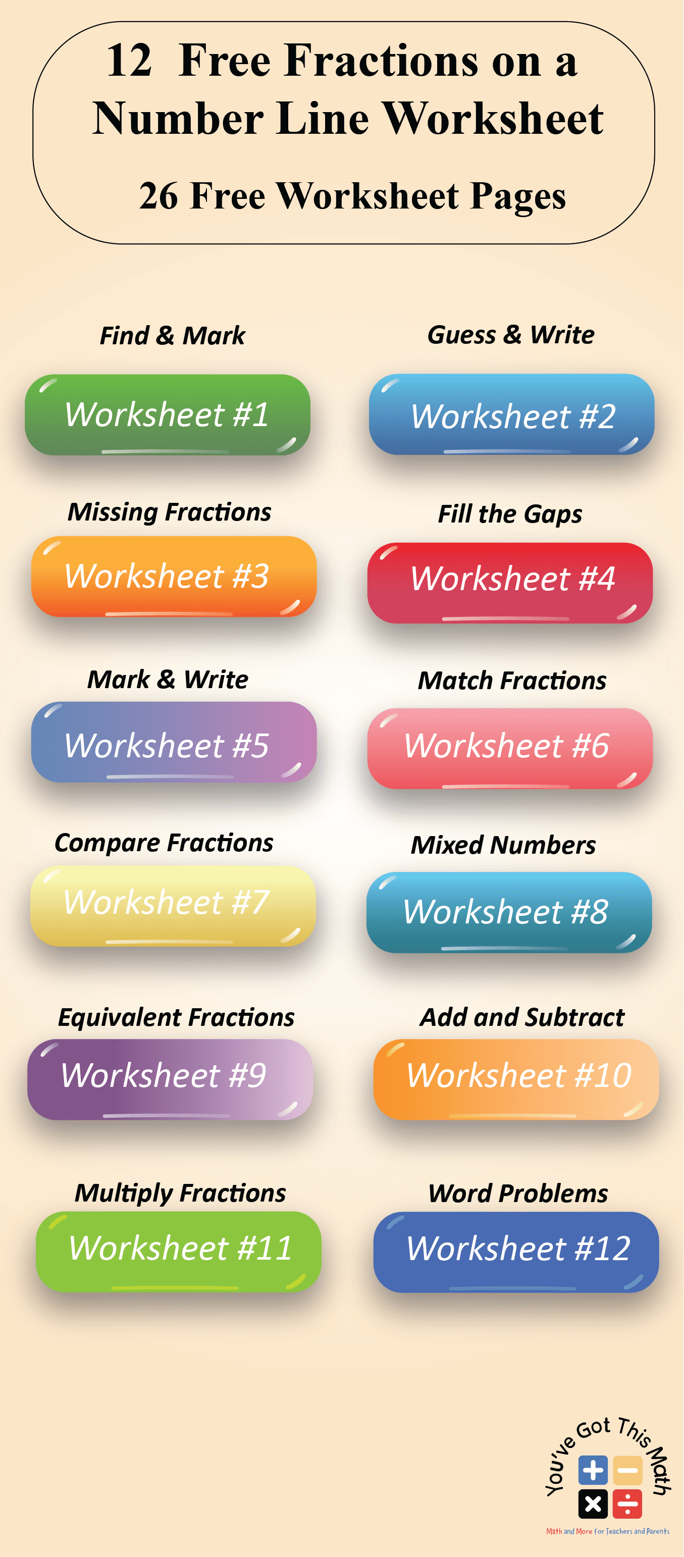 fractions on a number line worksheet PDF box image