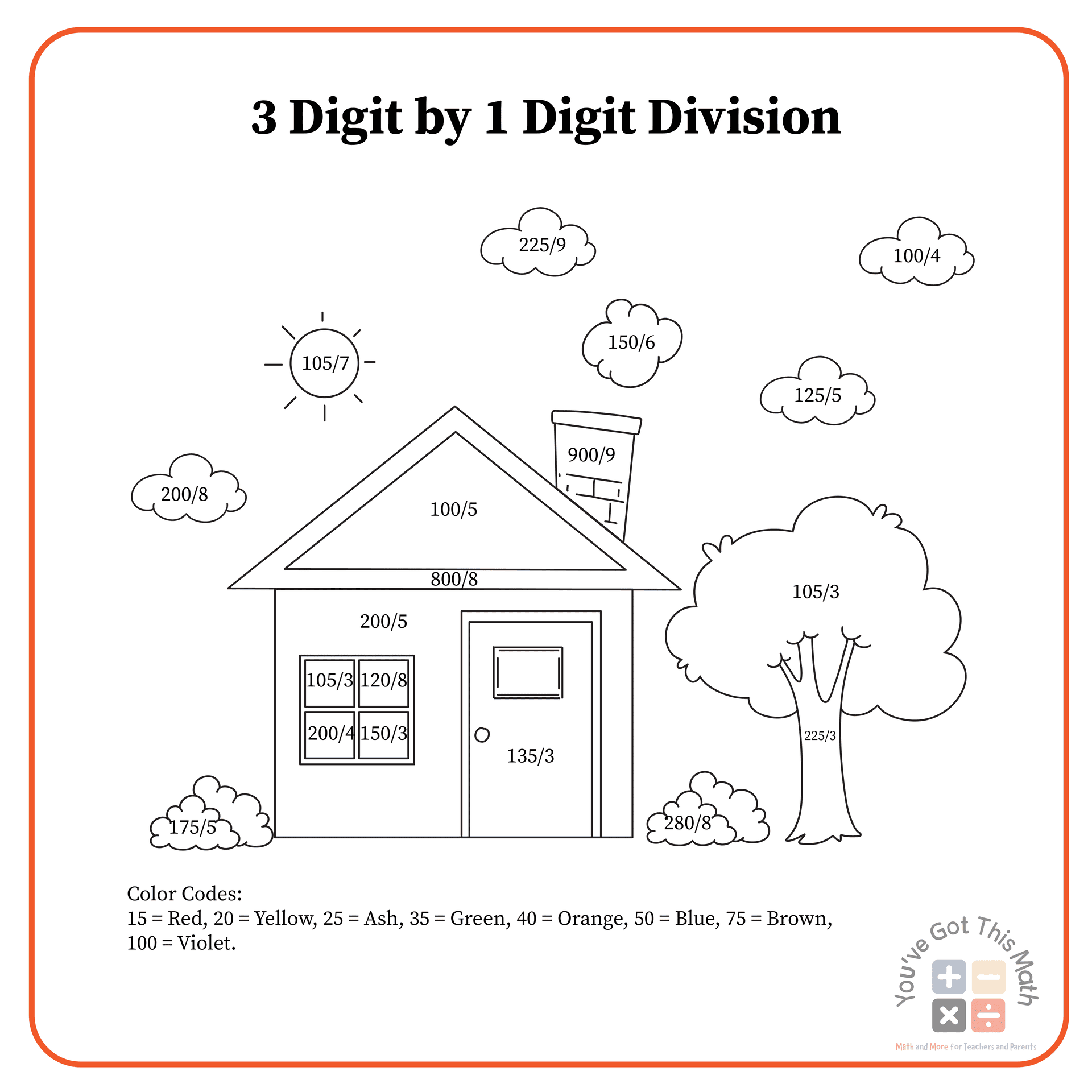 3 Digit by 1 digit division in Division coloring worksheets