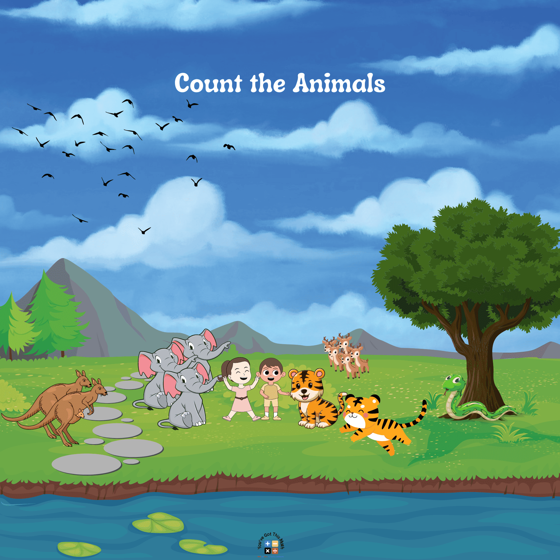 Count the animals in jungle themed math worksheets