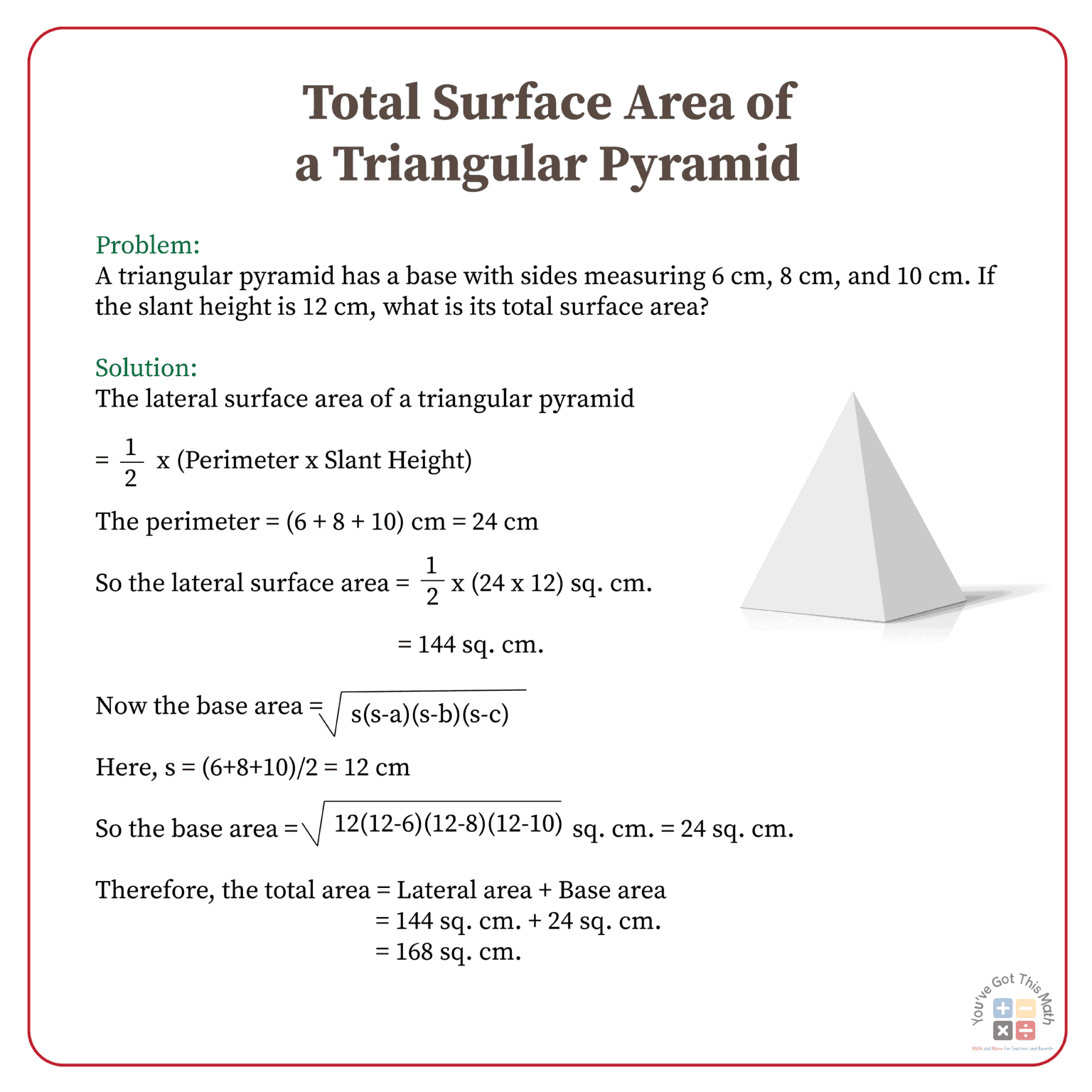 Formula for Surface Area of a Triangular Pyramid | 6 Free Worksheets