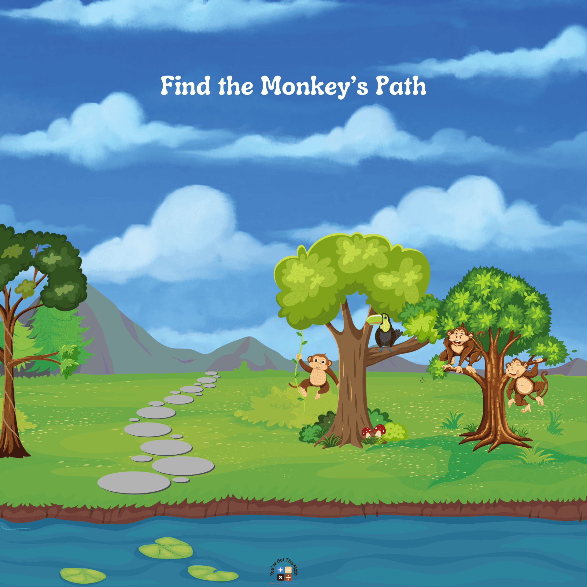 Find the monkeys path in jungle themed math worksheets