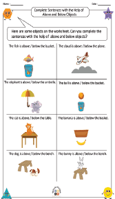Completing Sentences with the Help of Above and Below Objects Worksheets
