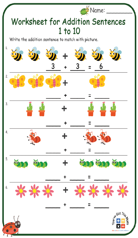 15+ Free Addition Sentence Worksheet | Free Printable