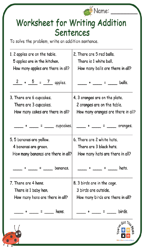 15+ Free Addition Sentence Worksheet | Free Printable