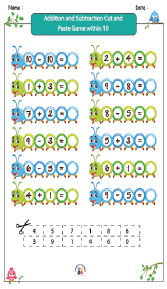 Addition and Subtraction Cut and Paste Game within 10 Worksheets
