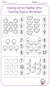 Coloring Correct Number after Counting Objects Worksheet 