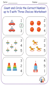 Count and Circle the Correct Number up to 5 with Three Choices Worksheet