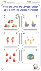 Count and Circle the Correct Number up to 5 with Two Choices Worksheet
