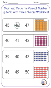 Count and Circle the Correct Number up to 50 with Three Choices Worksheet
