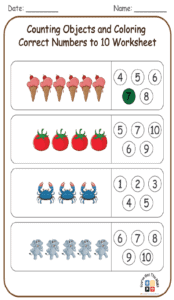 Counting Objects and Coloring Correct Numbers to 10 Worksheet 