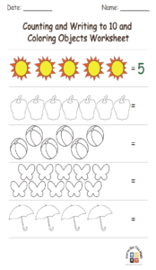 Counting and Writing to 10 and Coloring Objects Worksheet 