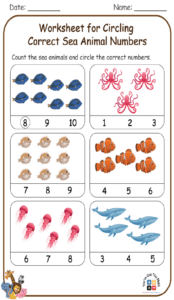 Worksheet for Circling Correct Sea Animal Numbers 
