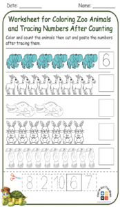Worksheet for Coloring Zoo Animals and Tracing Numbers After Counting 
