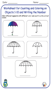 Worksheet for Counting Color on Objects 1-10 and Writing the Number