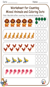 Worksheet for Counting Mixed Animals and Coloring Dots