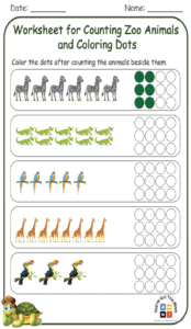 Worksheet for Counting Zoo Animals and Coloring Dots 