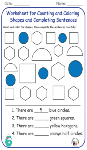 Worksheet for Counting and Coloring Shapes and Completing Sentences