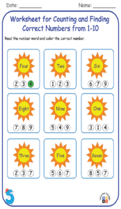 Worksheet for Counting and Finding Correct Numbers from 1-10 