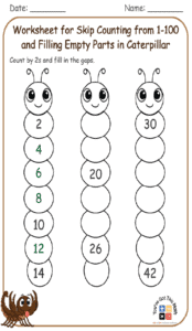 Worksheet for Skip Counting from 1-100 and Filling Empty Parts in Caterpillar 