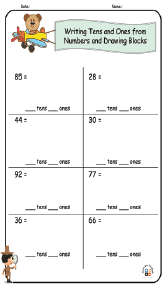 Writing Tens and Ones from Numbers and Drawing Blocks Worksheets