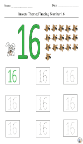 Insect-Themed Tracing Number 16 Worksheet