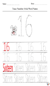 Tracing Number 16 and Word Name Worksheet