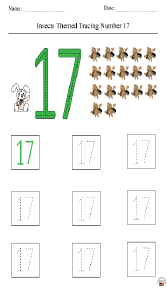 Insect-Themed Tracing Number 17 Worksheet