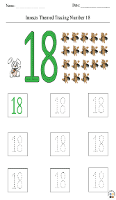 Insect-Themed Tracing Number 18 Worksheet