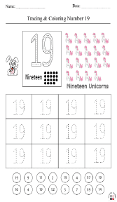 Tracing and Coloring Number 19 Worksheet