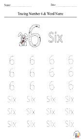 Tracing Number 6 and Word Name Worksheet