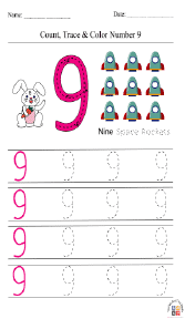 Count, Trace, and Color Number 9 Worksheet