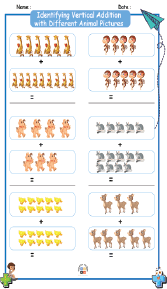 Identifying Vertical Addition with Different Animal Pictures Worksheets