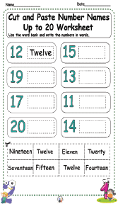 Cut and Paste Number Names Up to 20 Worksheet