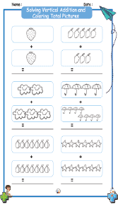 Solving Vertical Addition and Coloring Total Pictures Worksheets